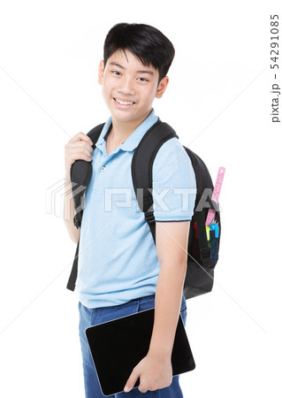 Cute asian child with school stationery on white Cute asian child with school stationery on white 54291085