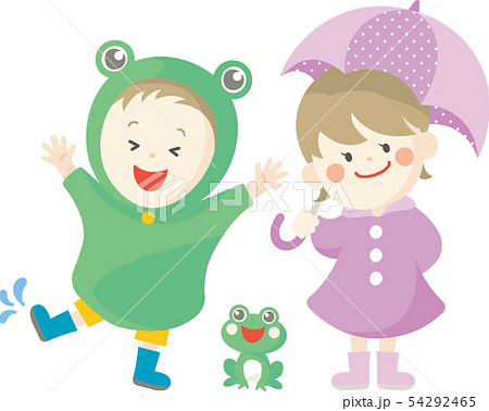 雨の中で遊ぶ子供のイラスト素材