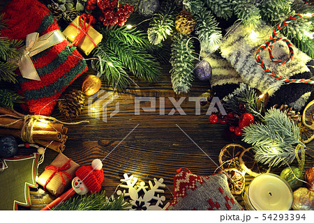 Top view of festive frame with socks, gifts 54293394