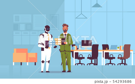 overworked businessman and robot holding folder stack coworkers standing together paperwork overworked businessman and robot holding folder stack coworkers standing together paperwork 54293686