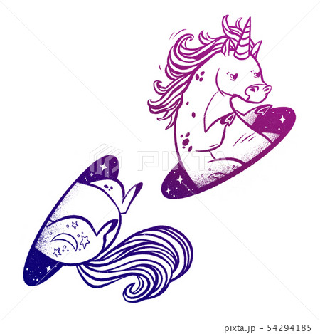 Unicorn in magic teleport. Linear drawing in bright vibrant gradient color. 54294185