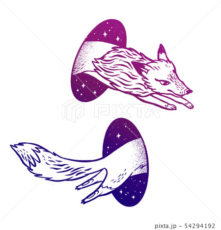 Fox in magic teleport. Linear drawing in bright vibrant gradient color. 54294192