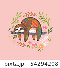 Sloth life print. Cute vector sloth bear animal character sleeping on a branch. Vector illustration 54294208