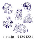 Cute zoo alphabet drawing in a chalk style. Hand drawn contour illustration 54294221
