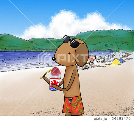 海辺で苺のカキ氷を食べる犬さん ダックス のイラスト素材