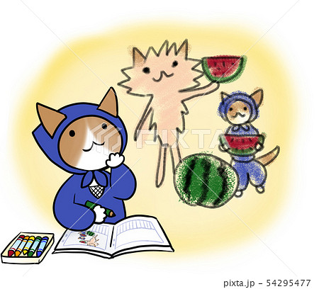 絵日記をつけるねこ忍者さん（スイカを食べた思い出） 54295477