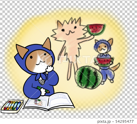 絵日記をつけるねこ忍者さん（スイカを食べた思い出） 54295477