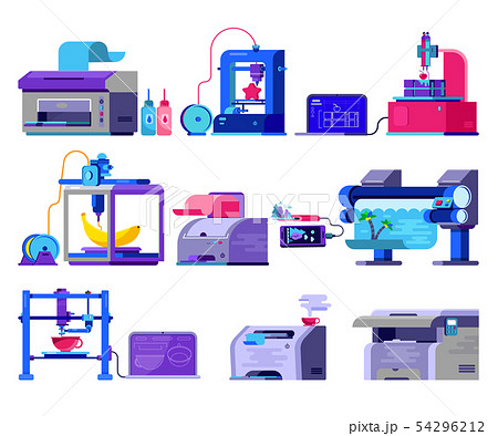 Printer vector print machine technology office equipment printing on paper illustration set of 54296212