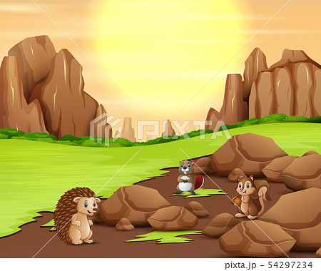 Animal cartoon playing with sunshine background 54297234