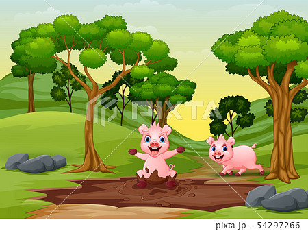 Happy smiling pigs are playing in the mud Happy smiling pigs are playing in the mud 54297266