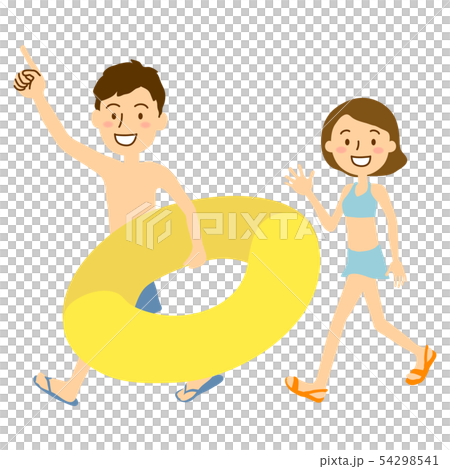 夏季海洋服男泳裝黃色和泳裝女 54298541