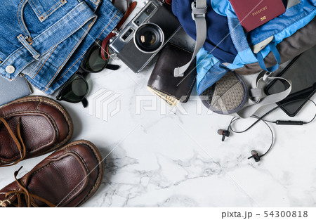 prepare backpack accessories and travel items prepare backpack accessories and travel items 54300818