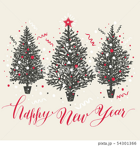 Hand drawn christmas card. New year trees with 54301366