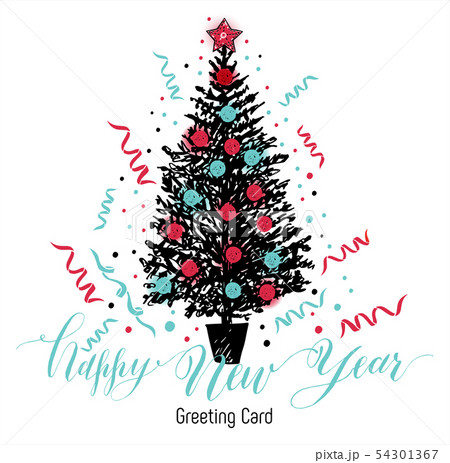 Hand drawn christmas card. New year tree with 54301367