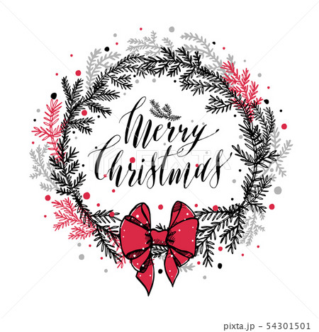 Hand drawn new years wreath with red bow 54301501