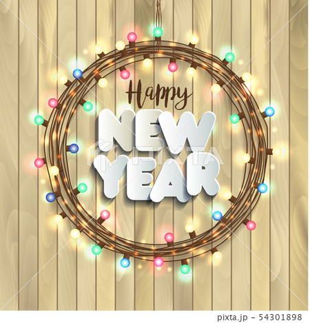 Christmas lights on wooden background. New year Christmas lights on wooden background. New year 54301898