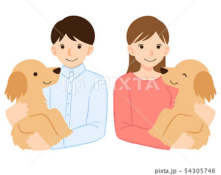 犬を抱く人のイラスト 男性 女性 のイラスト素材