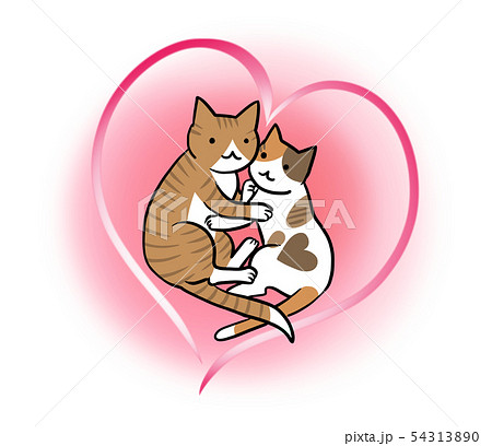 愛情表現の2匹の猫ちゃんのイラスト ピンクハート のイラスト素材