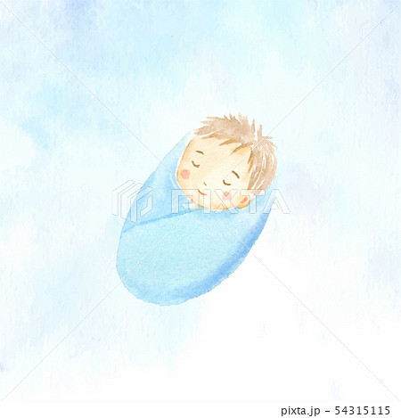 眠る赤ちゃん　水彩水色背景 54315115