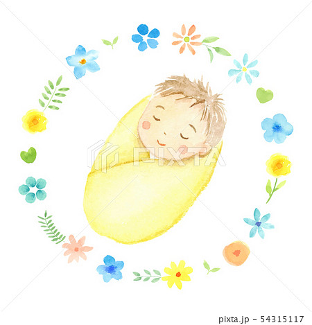 眠る赤ちゃん お花のフレーム 水彩イラストのイラスト素材