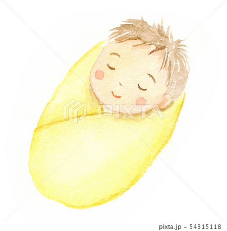 眠る赤ちゃん 黄色いおくるみ 水彩イラストのイラスト素材