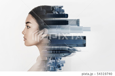 Double exposure of young woman profile with metropolis Double exposure of young woman profile with metropolis 54319740