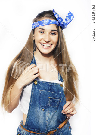young pretty stylish hipster girl posing emotional isolated on white background happy smiling cool 54319763