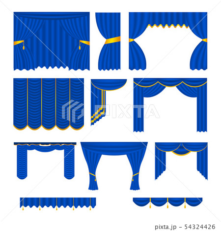 Realistic Detailed 3d Blue Silk or Velvet Curtains Set. Vector 54324426