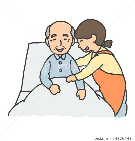 起き上がりの介助をする介護ヘルパーとおじいさんのイラスト素材