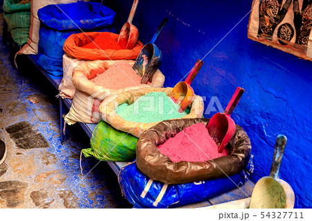 Bags with powder for paint, Chefchaouen. Morocco 54327711