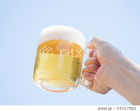 青空にビールジョッキを掲げる男性の手元 青空にビールジョッキを掲げる男性の手元 54327902