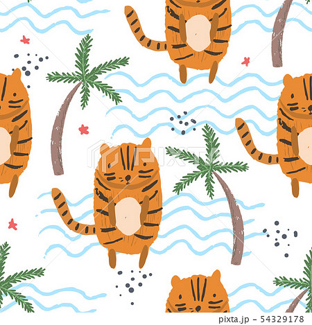 Cute cartoon pattern with tigers, palms, waves 54329178