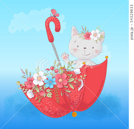Cute cartoon cat in an umbrella with flowers, postcard print poster for a child s room. 54329633