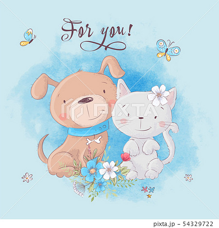 Cute Cartoon Cat And Dog With Flowers Postcard のイラスト素材