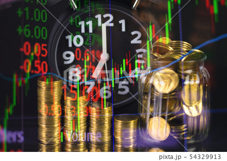 Double exposure of coin stack and alarm clock with Double exposure of coin stack and alarm clock with 54329913