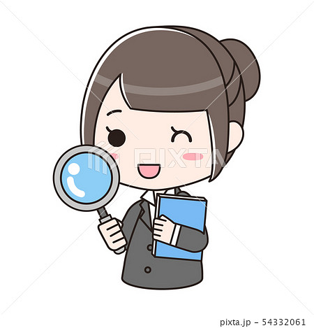 虫眼鏡とファイルを持ってウィンクしているスーツの女性 虫眼鏡とファイルを持ってウィンクしているスーツの女性 54332061