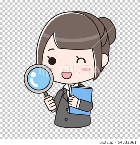 虫眼鏡とファイルを持ってウィンクしているスーツの女性 虫眼鏡とファイルを持ってウィンクしているスーツの女性 54332061