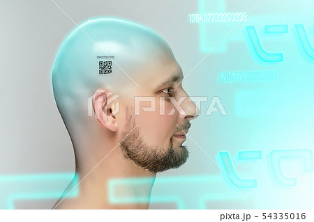 Profile of bald man with QR code on head on gray background in studio. Profile of bald man with QR code on head on gray background in studio. 54335016
