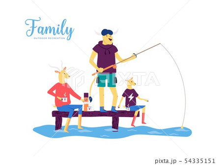 Goat family spends time on lake or river shore. 54335151