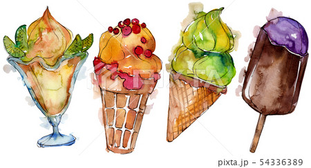 Tasty ice cream in a watercolor style. Aquarelle sweet dessert illustration set. Isolated desserts Tasty ice cream in a watercolor style. Aquarelle sweet dessert illustration set. Isolated desserts 54336389