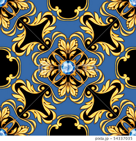 Seamless blue baroque pattern with golden scrolls 54337035