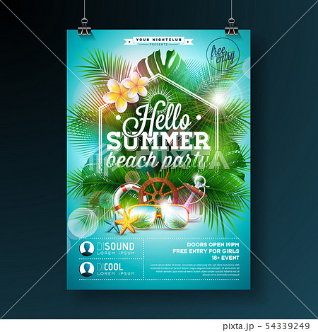 Summer Beach Party Flyer Design with flower, lifebelt and sunglasses on blue background. Vector 54339249