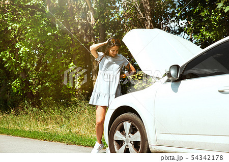 Young woman traveling on the car in sunny day Young woman traveling on the car in sunny day 54342178