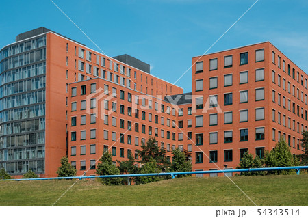 red brick building blocks and blue sky - real red brick building blocks and blue sky - real 54343514