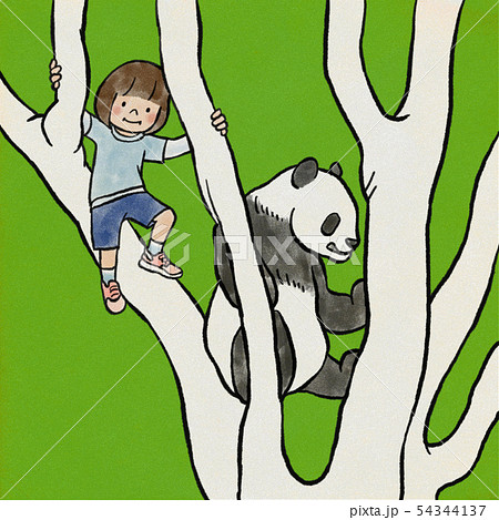 パンダと木登りする女の子のイラスト素材