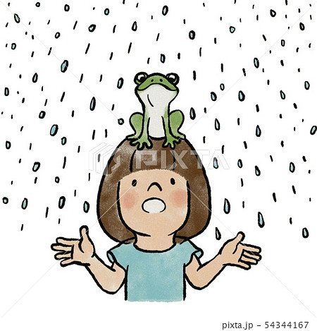 梅雨のカエルと女の子のイラスト素材