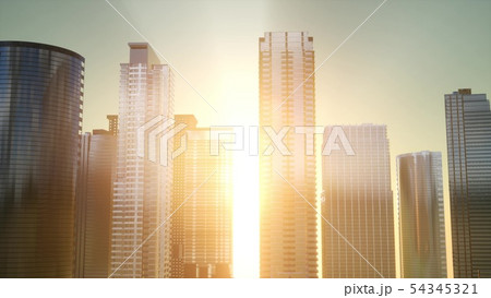 Business skyscrapers at sunset reflected in 54345321