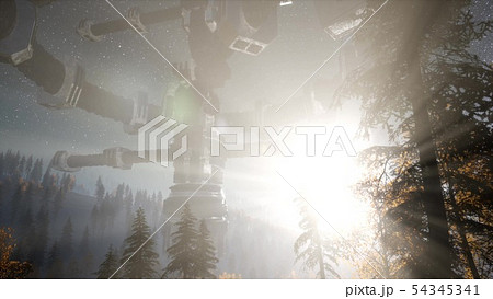 UFO hovering over a forest at night with light 54345341