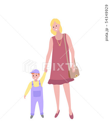 Woman Walking with Baby Son, Toddler Kid and Mom 54349929
