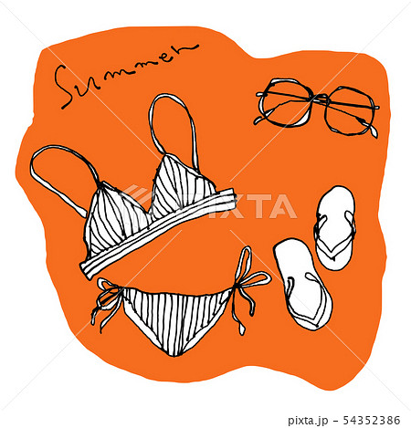 夏小物 水着とサングラスとビーチサンダル オレンジ背景のイラスト素材